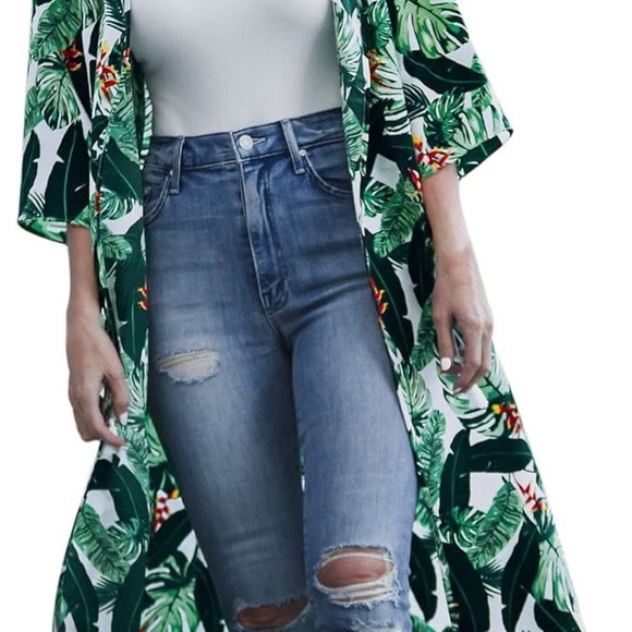 Rachel Zoe OS Green Tropical Palm Open Front Kimono Kaftkan - Picture 4 of 7